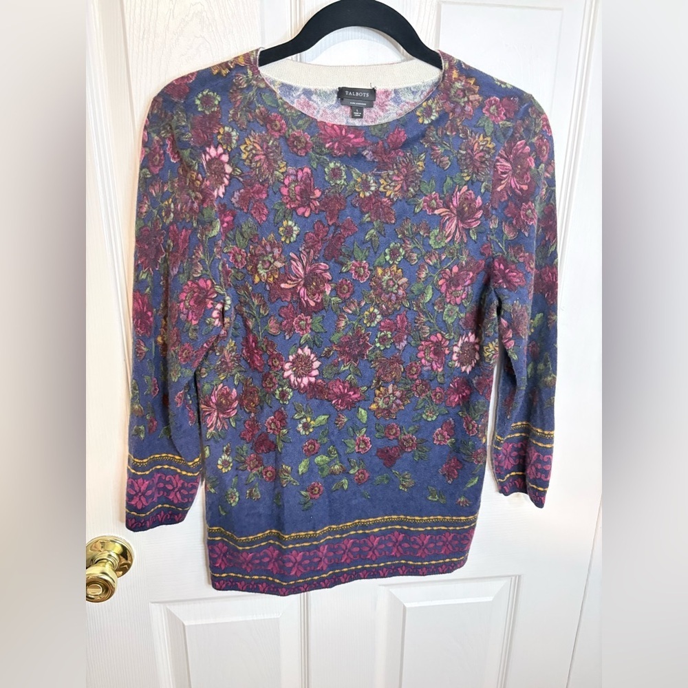 Talbots Audrey Cashmere Sweater – Floral Print – Size L | Burgundy Navy Gold - Picture 2 of 9